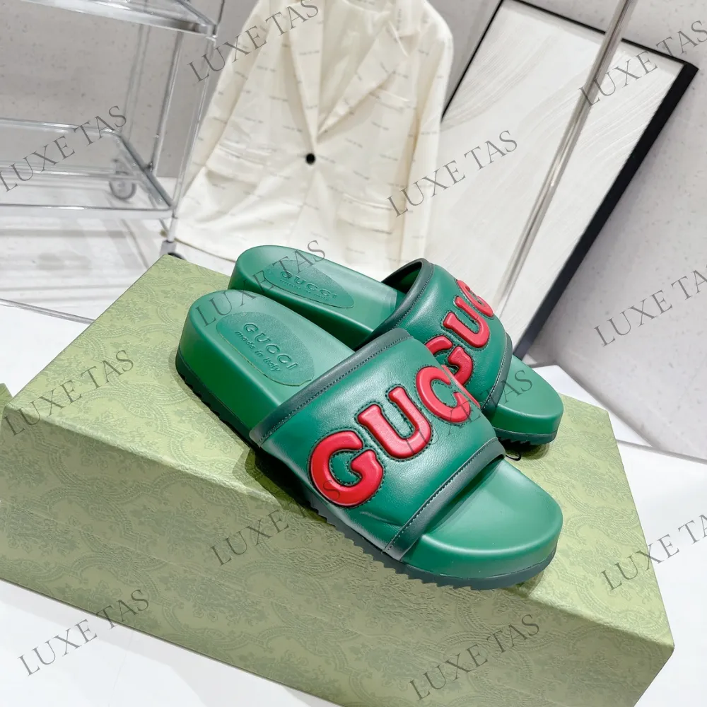 Icon Sandals Green Leather Slide Sandal Designer Slides & Sandals for Men