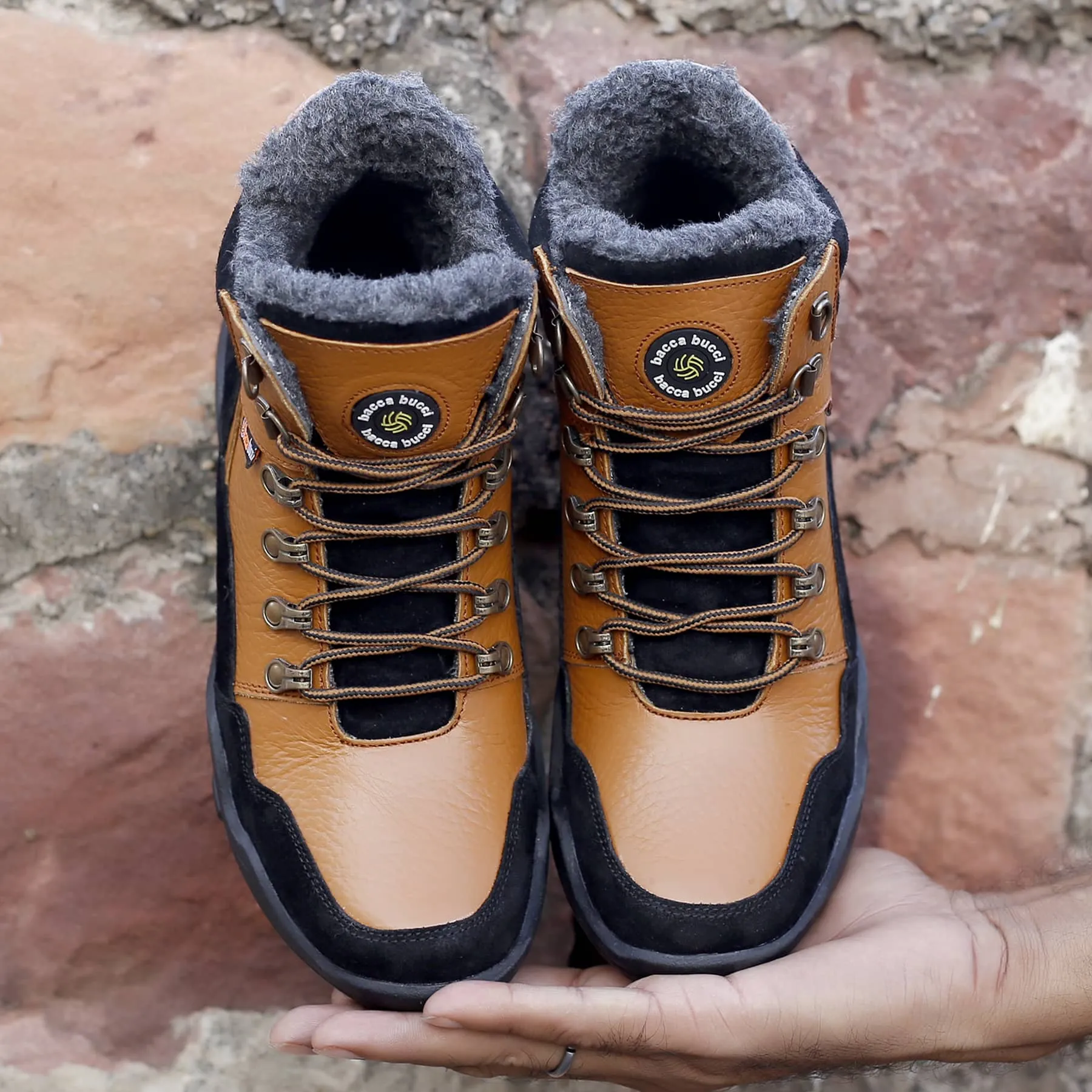 Bacca Bucci Genuine leather Grain Boots with Fur Waterproof Hiking Shoes Climbing