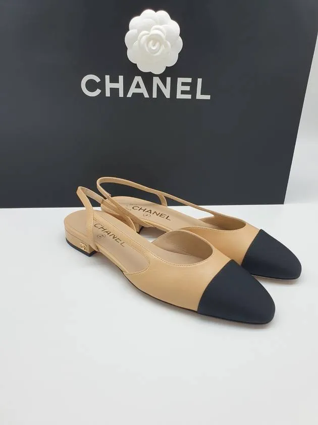 Quality Heel Shoes Slingbacks Goatskin Grosgrain & Beige Black Chanel