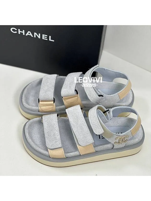 CC Logo Suede Velcro Sandals Blue Chanel Antigua Photos