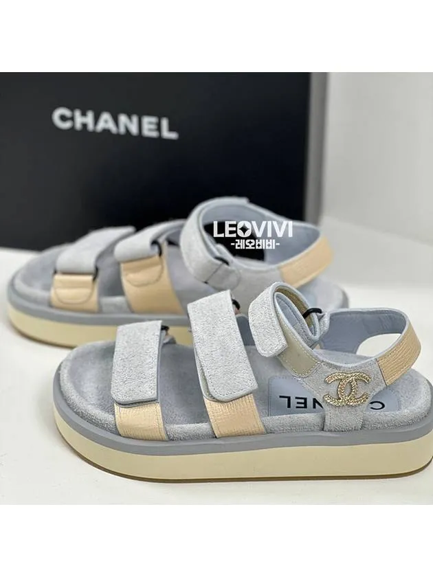 CC Logo Suede Velcro Sandals Blue Chanel Sandals Seychelles