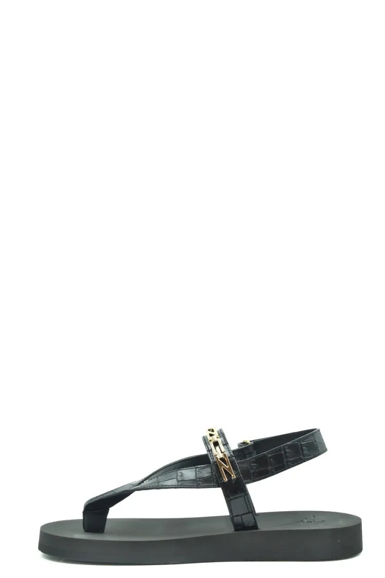 Resorts Barbados Black Leather Sandals With Crocodile-Texture Straps
