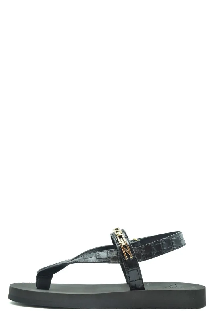 Comfortable Flat Sandals Black Leather Sandals With Crocodile-Texture Straps