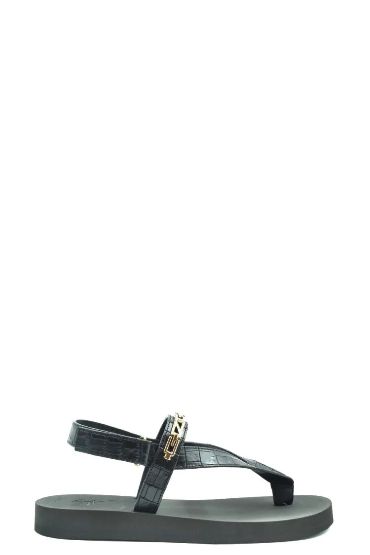 Black Leather Sandals With Crocodile-Texture Straps Sandals Casual Comfort