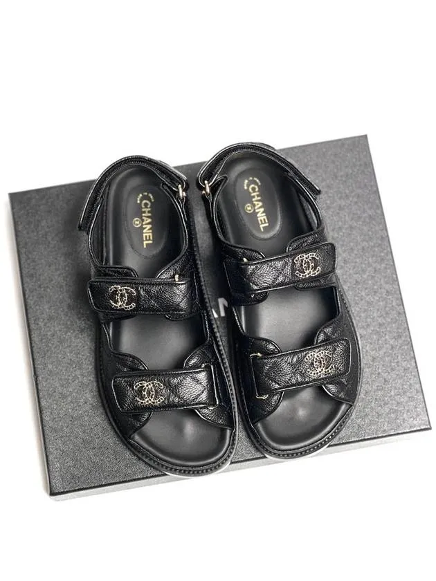 Women's CC Logo Velcro Sandals Gold Black Chanel Dress Fisherman Sandals