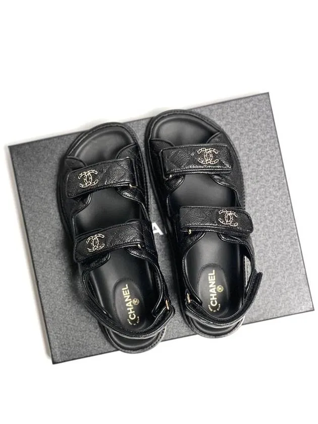 Fisherman Sandals Leather Women's CC Logo Velcro Sandals Gold Black Chanel