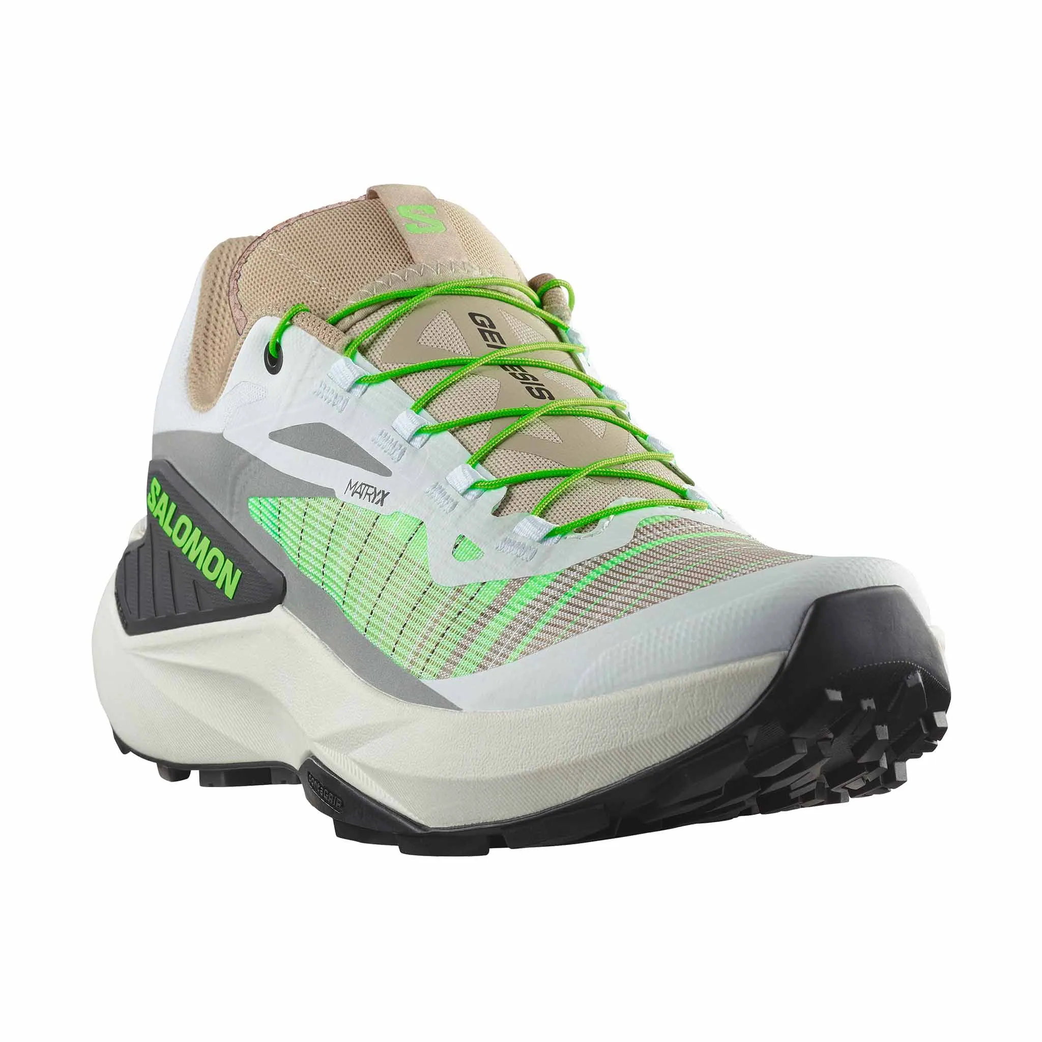 Salomon | Men's Genesis Running Shoes - White/Oxford Tan/Green Gecko Wide Fit Trail Running Shoes