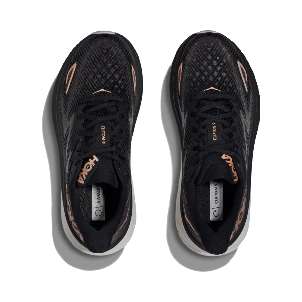 Hoka Women's Clifton 9 Sneaker in Black/Rose Gold Shoes Roadrunner
