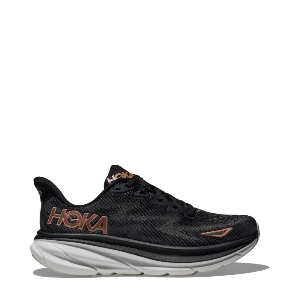 Hoka Women's Clifton 9 Sneaker in Black/Rose Gold Size 3