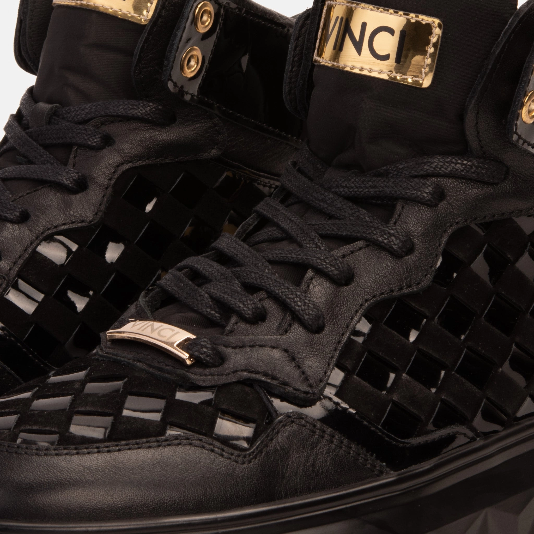 The Eugene Black & Gold Woven Leather High-Top Men Sneaker Heel Lock Lacing Boots