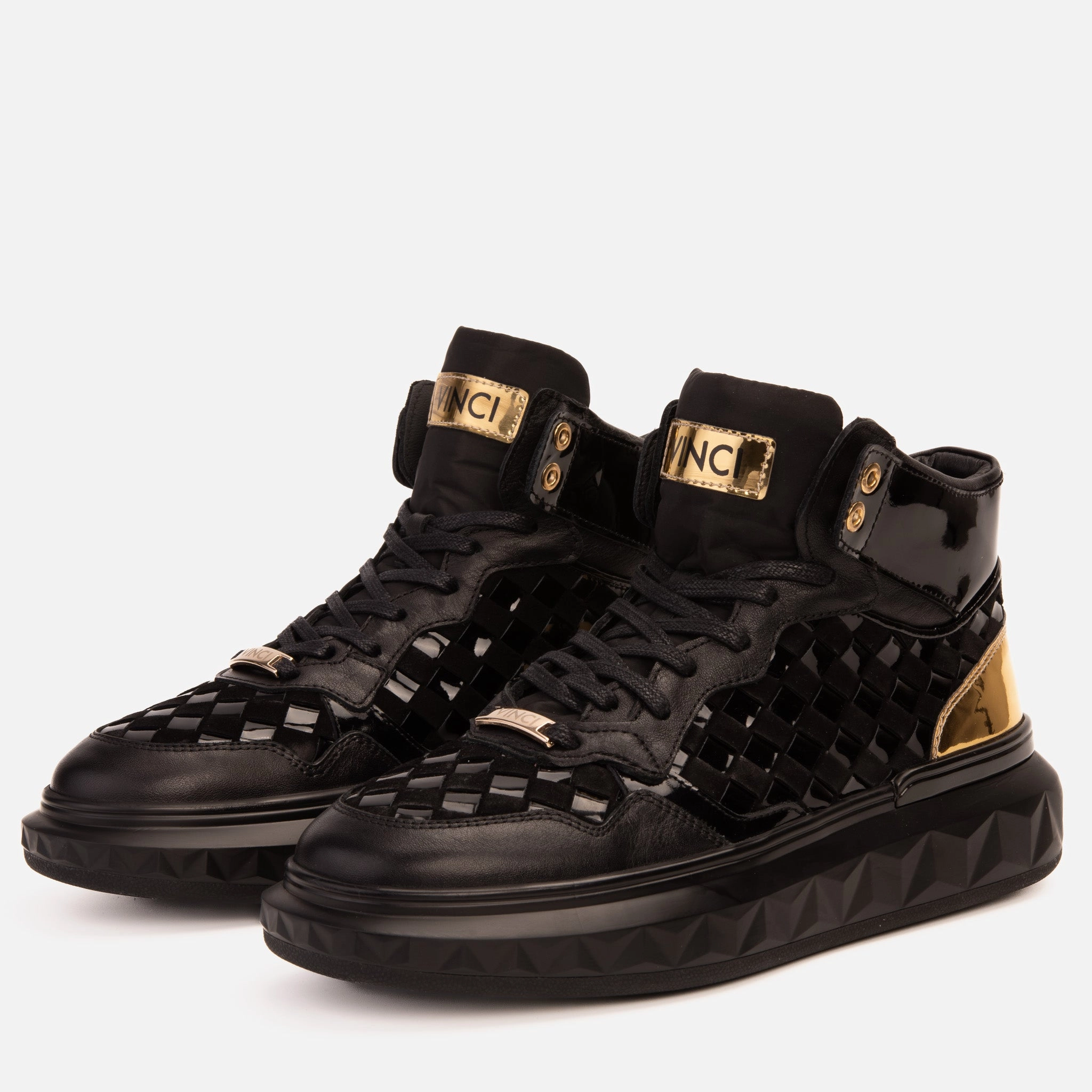 The Eugene Black & Gold Woven Leather High-Top Men Sneaker Leather Army Boots
