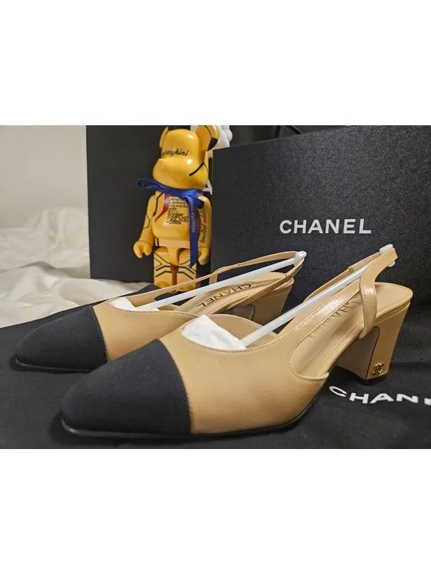 Oxford Shoes High Heels Goatskin Grosgrain Slingback Heel Beige Chanel