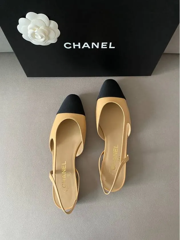 High Heel Decorations Slingbacks Goatskin Grosgrain & Beige Black Chanel