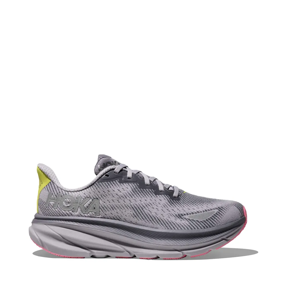 Hoka Women's Clifton 9 GTX Waterproof Sneaker in Grey Skies/Foggy Grey Extra Wide