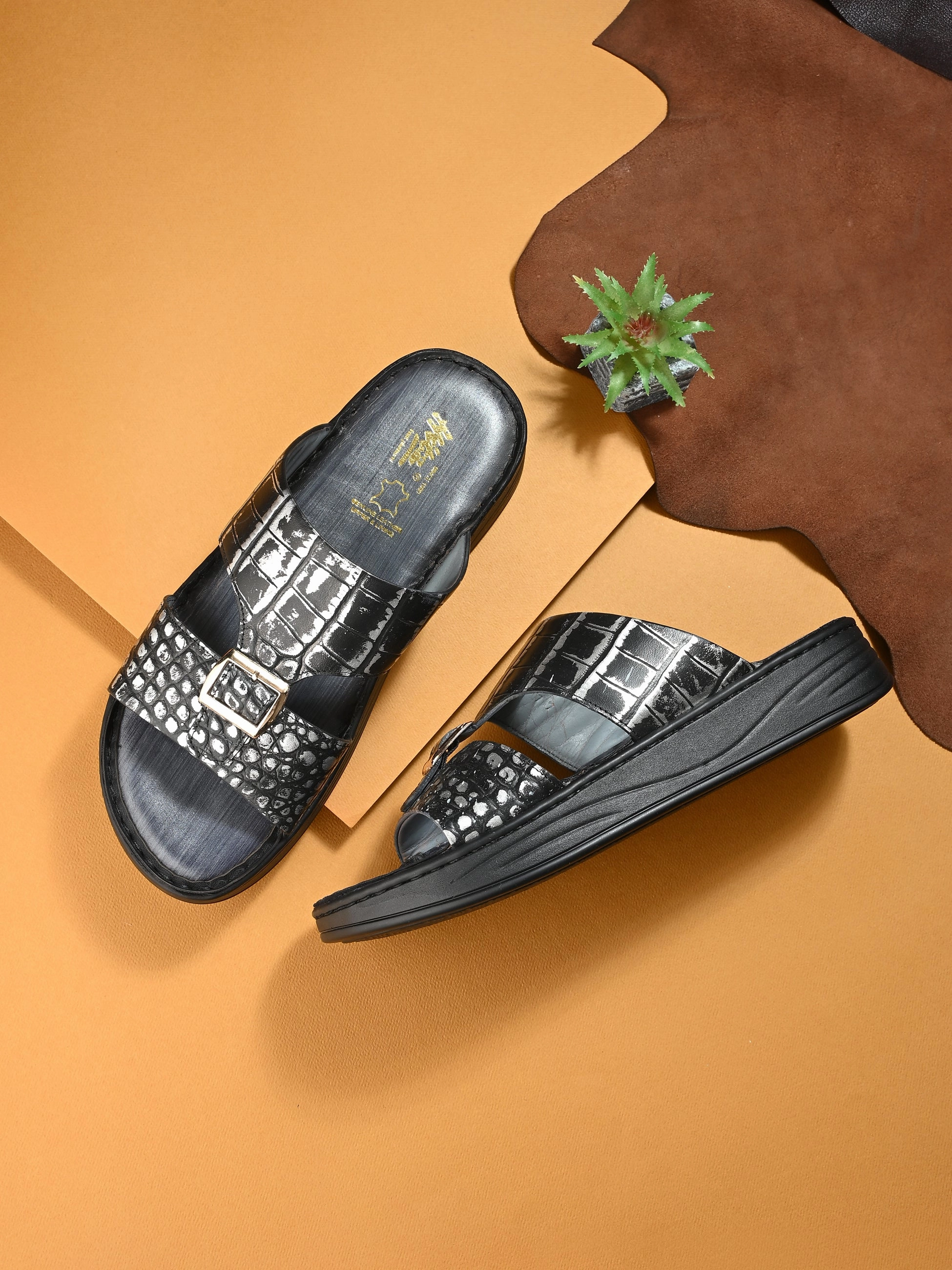 Levano Premium Metallic Grey Leather Slippers Huge Fuzzy Slippers