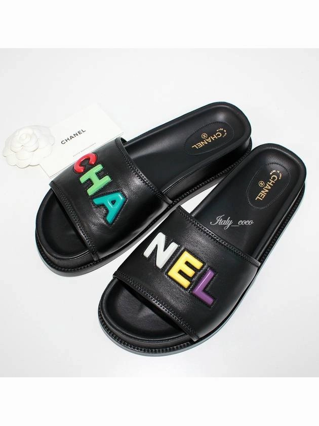 Life Slippers Logo Leather Slippers Black Chanel