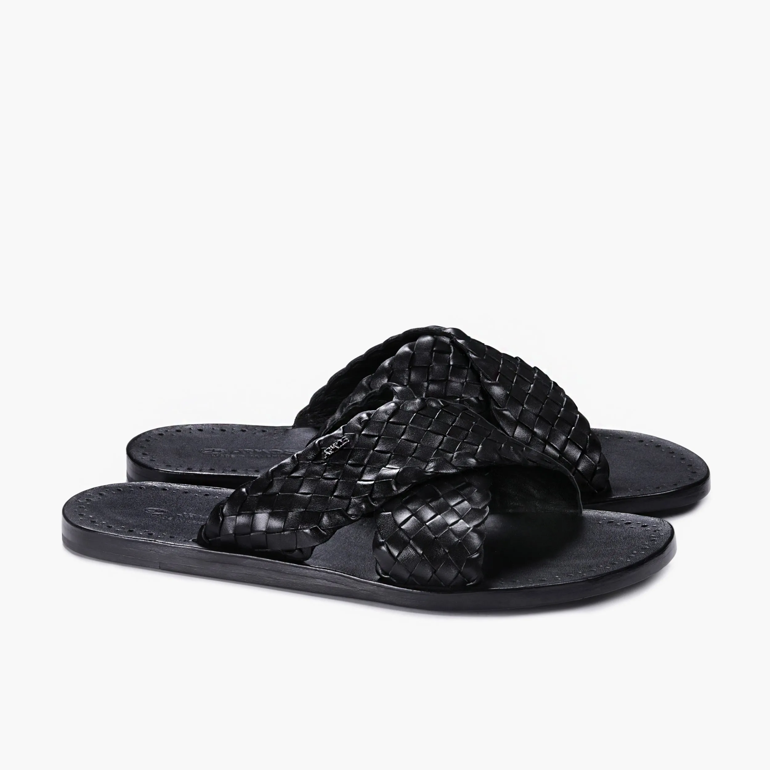 Sandals Low Heel Men's Black Woven Cross-Strap Slide Sandal