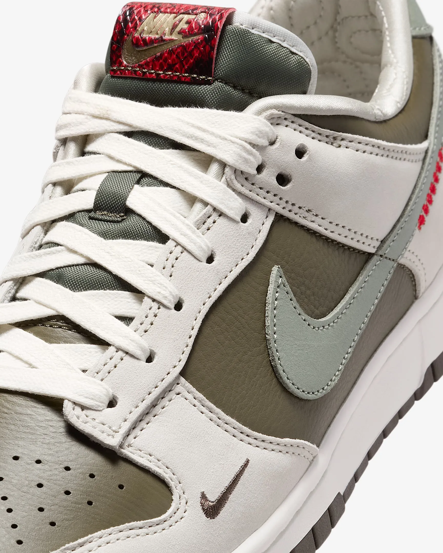 Nike Men's Dunk Low Retro Year Of The Snake Shoes - Medium Olive / Jade Horizon / Sail / Ironstone / University Red Best Arch Support Nike Shoes