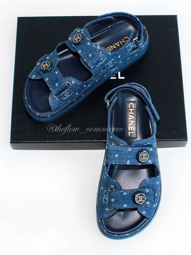 Heeled Sandals Strappy Printed Denim Velcro Sandals Blue Chanel