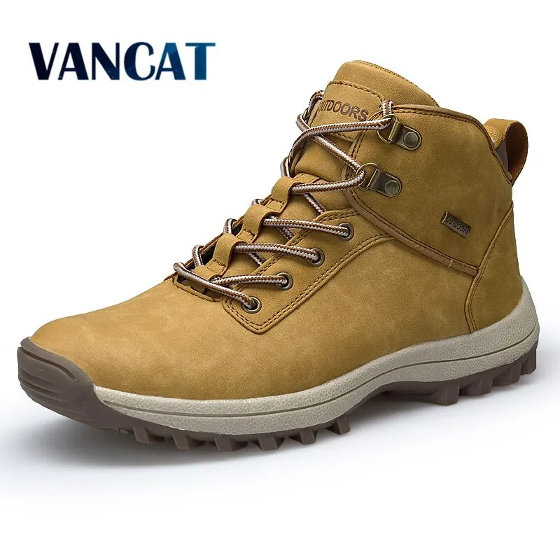 VANCAT Brand Men Boots Big Size 39-46 Autumn Winter Mens Leather Fashion Sneakers Lace Up Outdoor Mountain Men Shoes Waterproof Insulated Rubber Boots