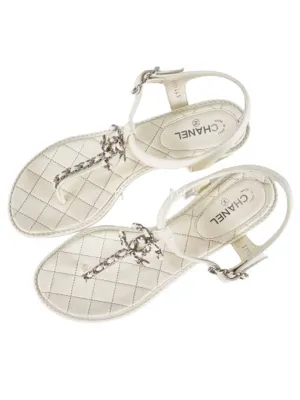 Most Inexpensive Sandals Resort CC Logo Classic Chain Strap Thongs Lambskin Sandals Ivory Chanel
