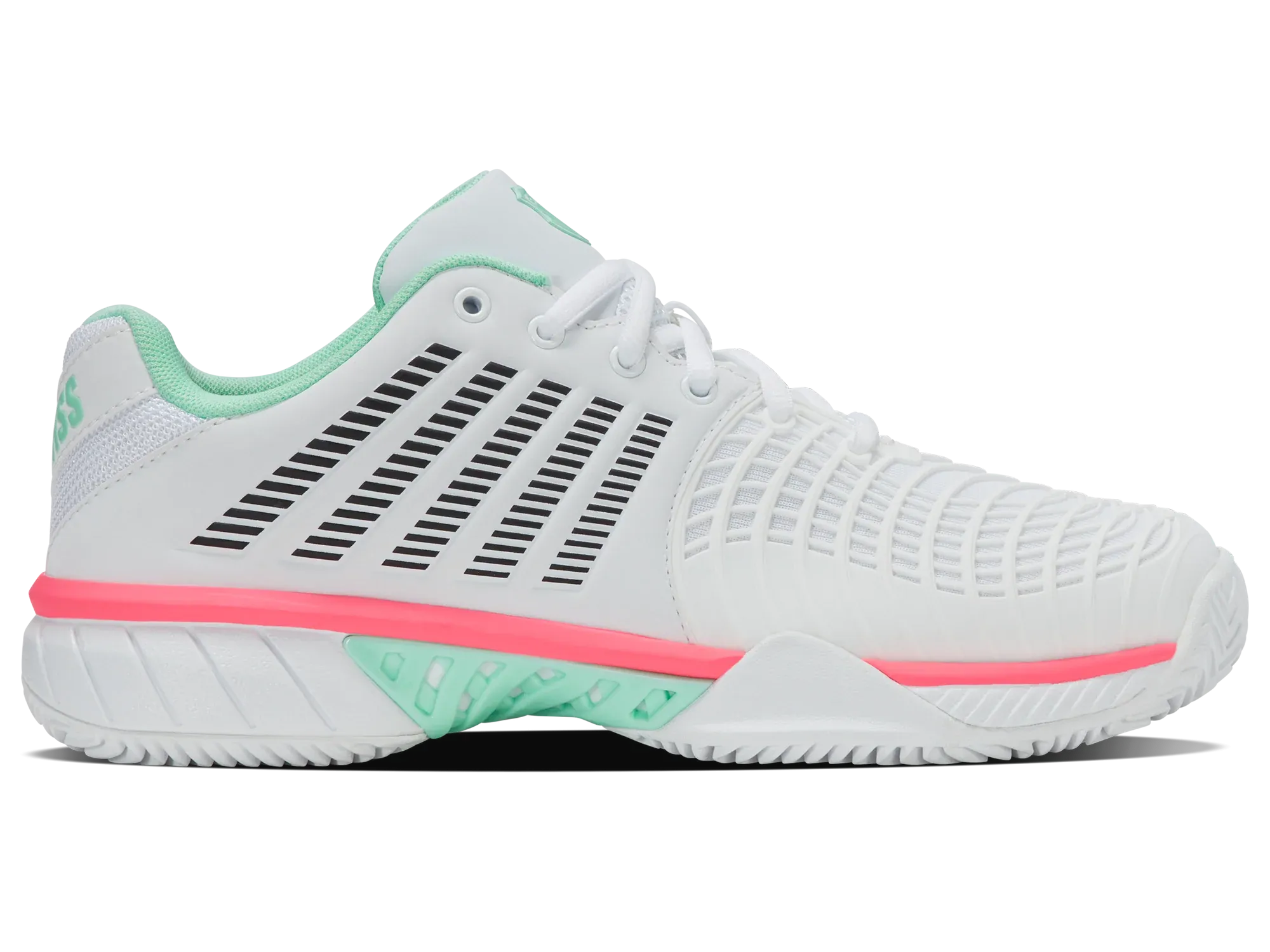 K-Swiss Express Light 3 Clay Ladies Tennis Shoe (WHITE/NEON MINT/NEON PASTEL PINK) Adidas Hard Court Tennis Shoes