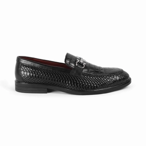 Tresmode Ro Black Men's Textured Leather Loafers Sand Loafers