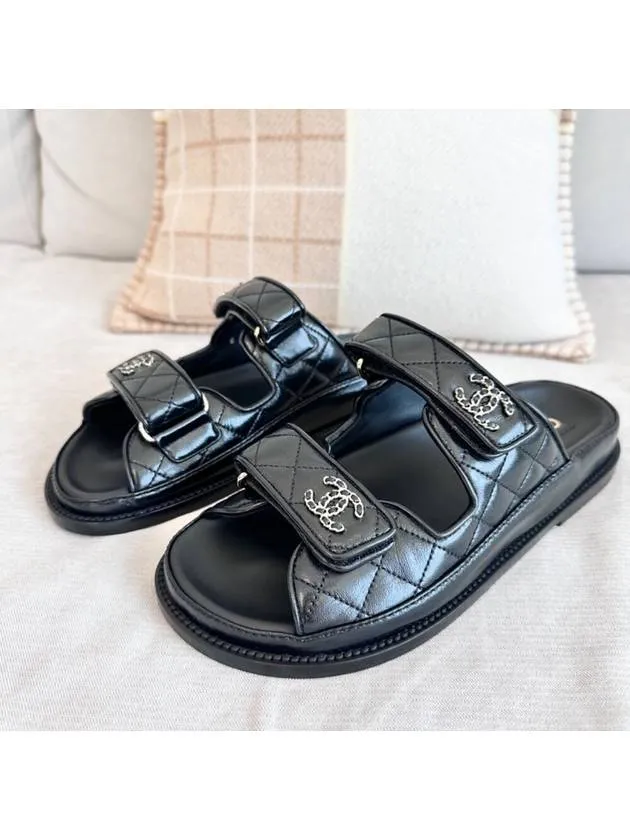 Slide Leather Sandals CC Logo Velcro Sandals Black Chanel