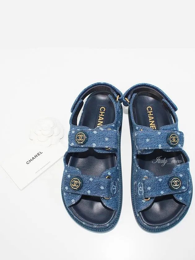 Printed Denim Velcro Sandals Blue Chanel Leather Walking Sandals