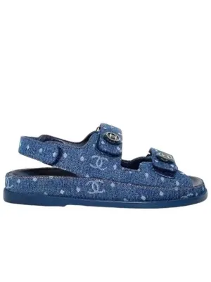 Wedding Wedge Sandals Printed Denim Velcro Sandals Blue Chanel