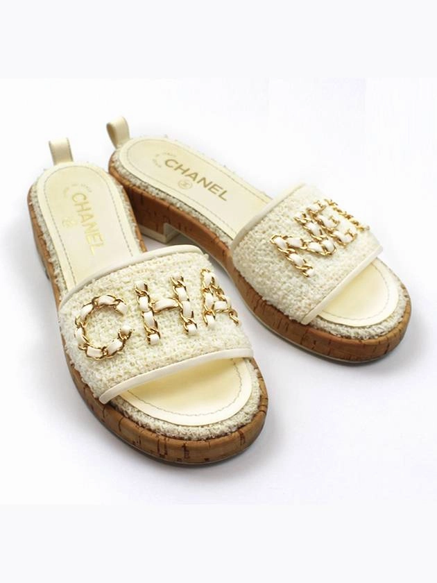 Best In House Slippers Tweed Chain Logo Slides Women s Mule Slippers Ivory 36 5 Size G34826 Chanel