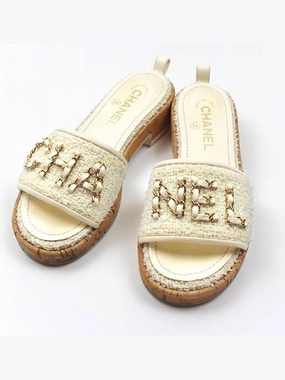 Tweed Chain Logo Slides Women s Mule Slippers Ivory 36 5 Size G34826 Chanel Bunny Fur Slippers