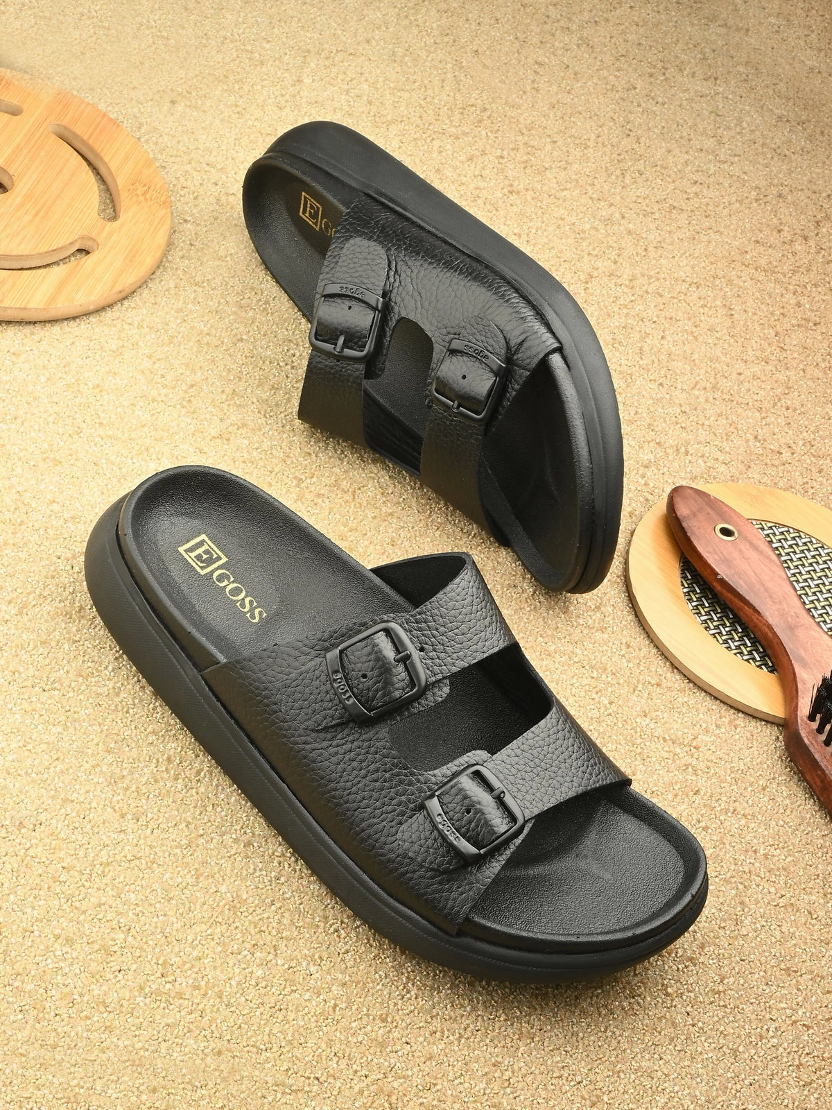 Kai Double Strap Leather Sliders Cactus Slippers