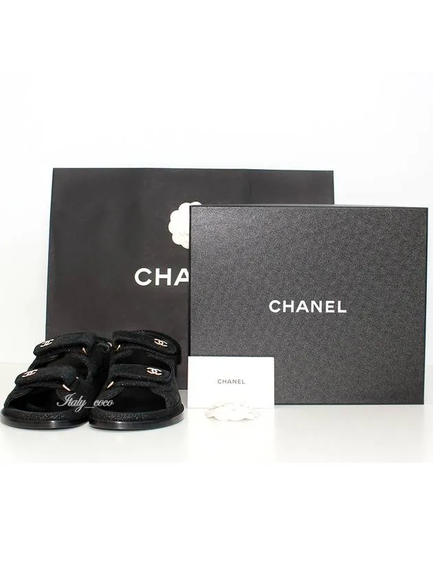 CC Logo Velcro Suede Kidskin Sandals Black Chanel Sparkly Sandals Flat
