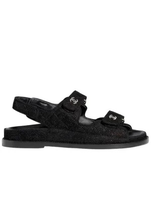 CC Logo Velcro Suede Kidskin Sandals Black Chanel Sandals With Leopard Print