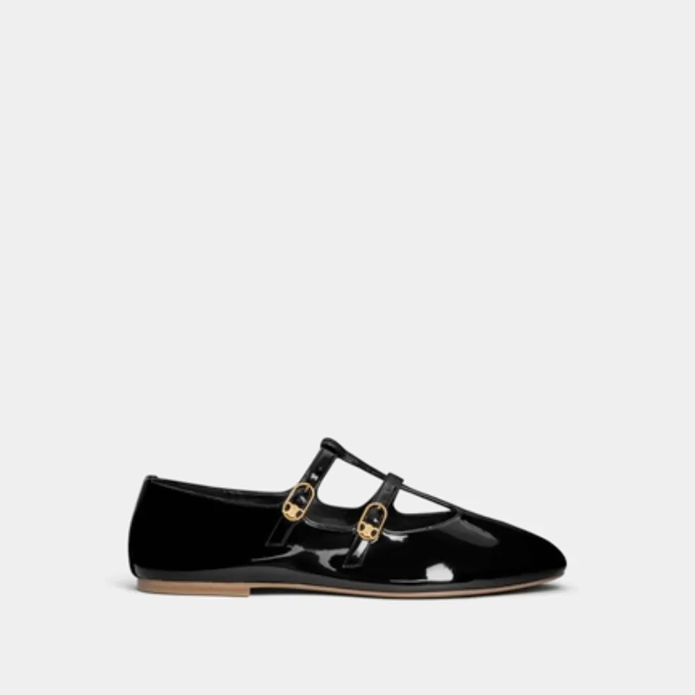 Leggings And Loafers Double Strap Mary Jane Ballerina C In Patent Calfskin - Designer Loafers & Flats for Women