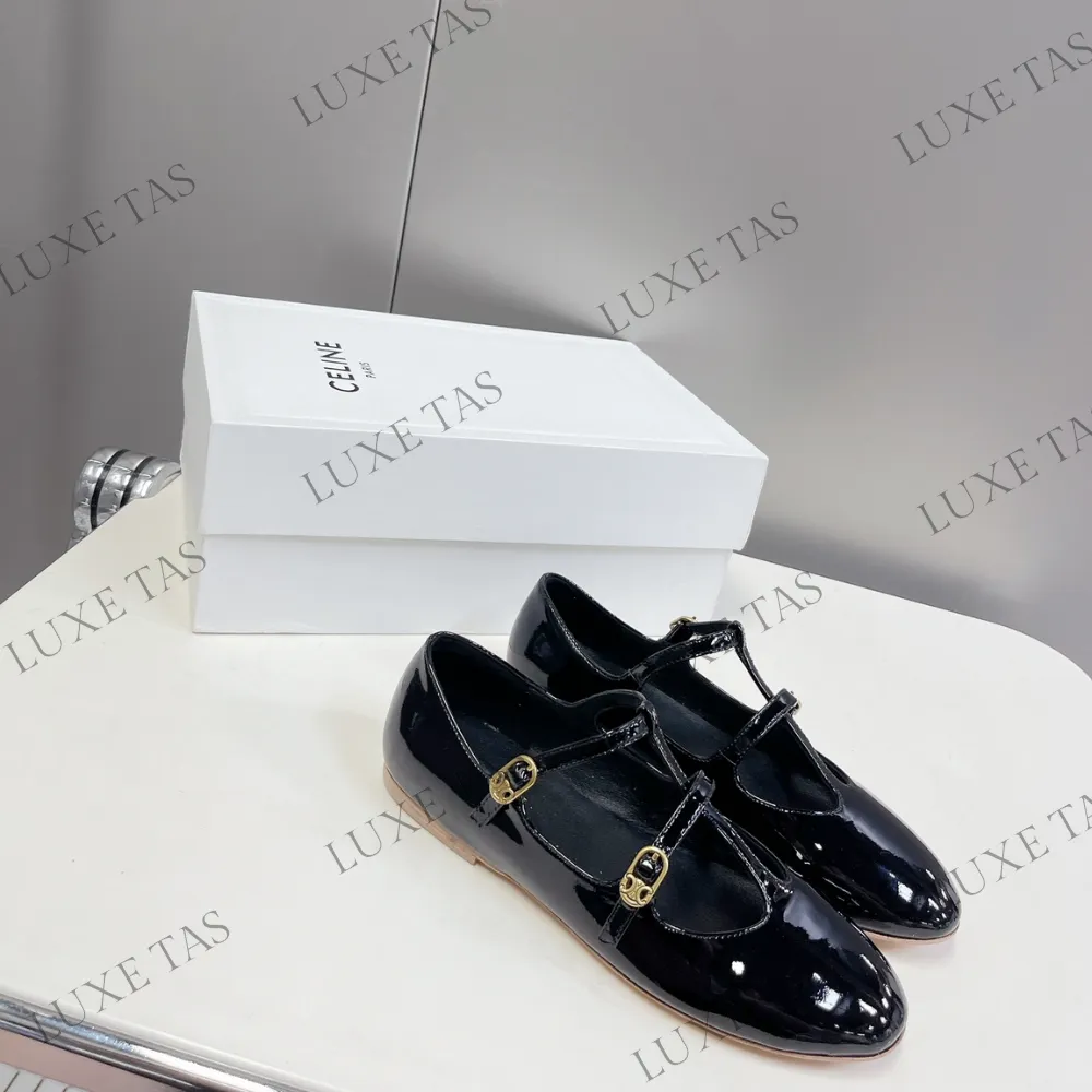 Fall Loafers Double Strap Mary Jane Ballerina C In Patent Calfskin - Designer Loafers & Flats for Women